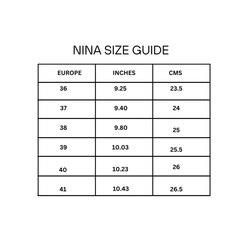 Nina size guide chart showing measurements in Europe, inches, and centimeters.