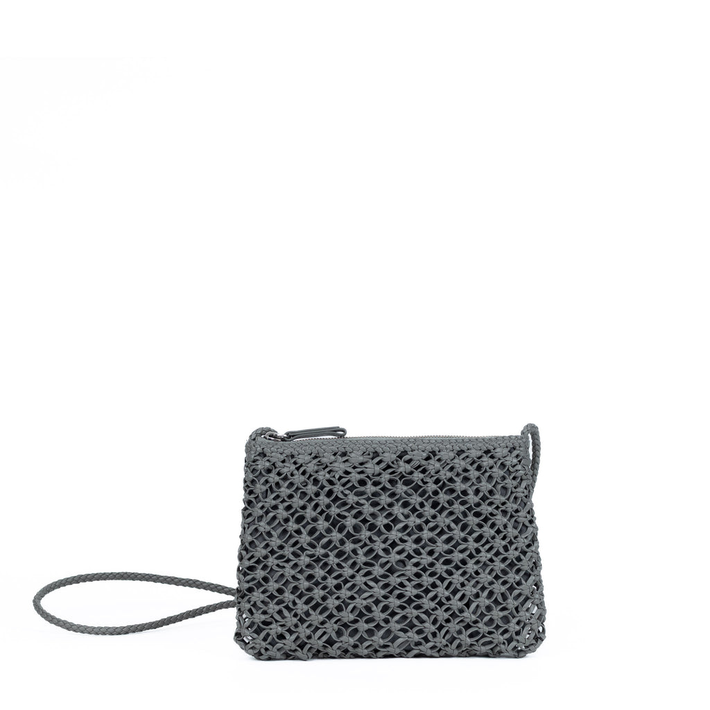 Elegant grey leather sling and crossbody bag with minimalist design