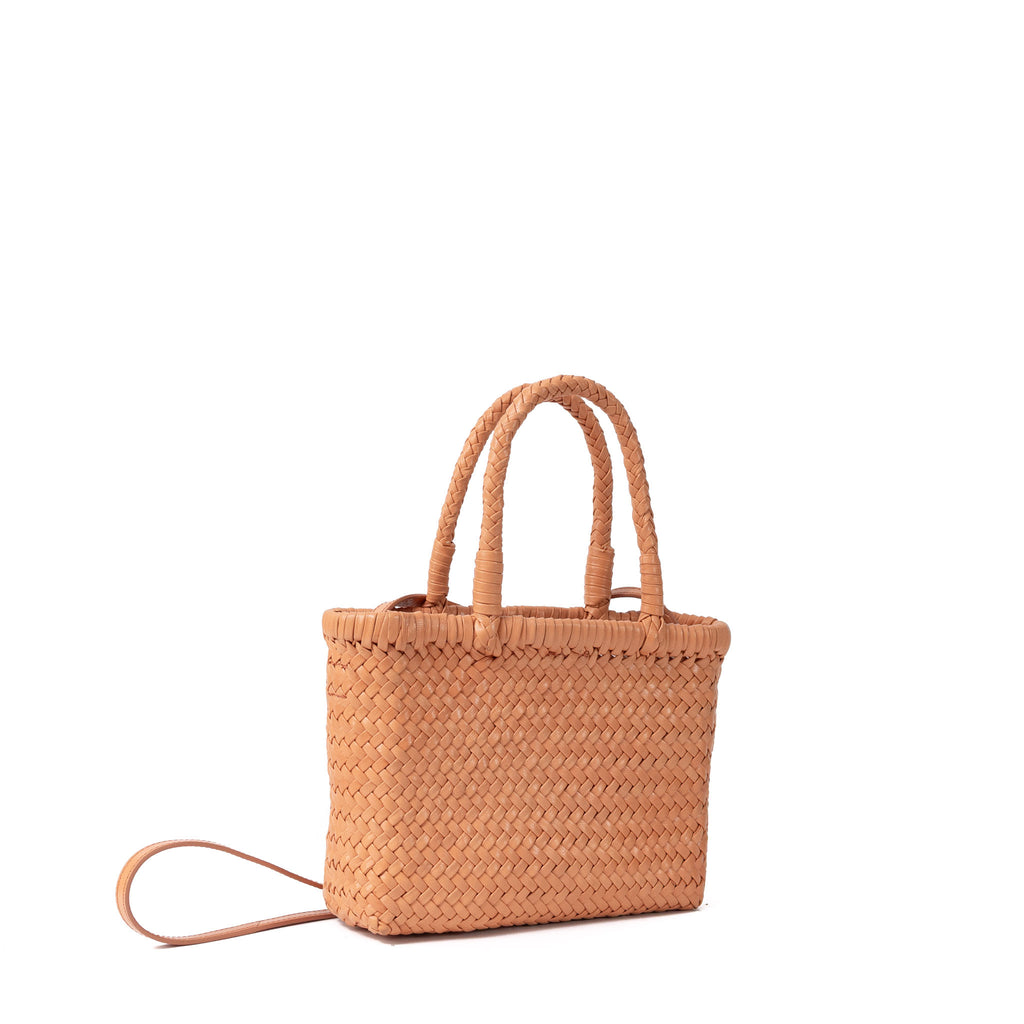 Handcrafted pastel orange leather mini tote and sling bag